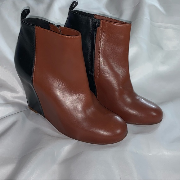 CELINE size 37.5 black/brown color block 2tone CALFSKIN platform wedge BOOTIES - Picture 13 of 16